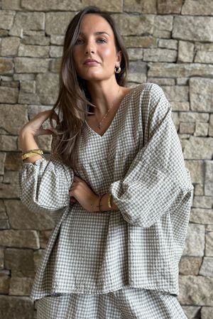 Arbi Gingham Peasant Smock Blouse Mocha